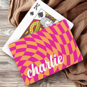 Retro checkerboard swirl wave hot pink orange poker cards