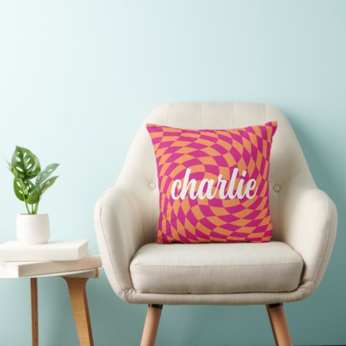 Retro checkerboard swirl wave hot pink orange throw pillow