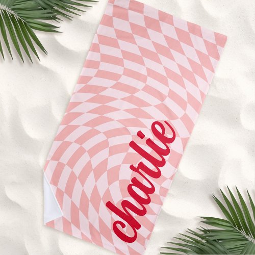 Retro checkerboard swirl wave light blush pink beach towel