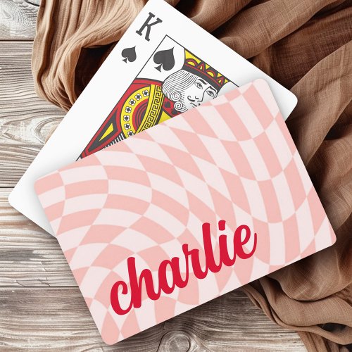 Retro checkerboard swirl wave light blush pink red playing cards