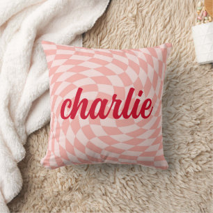 Retro checkerboard swirl wave light blush pink red throw pillow