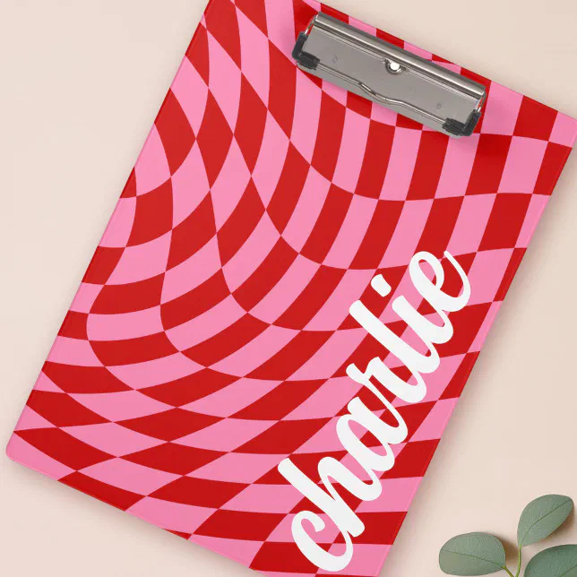Retro checkerboard swirl wave pin red clipboard | Zazzle
