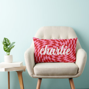 Retro checkerboard swirl wave pink red orange lumbar pillow