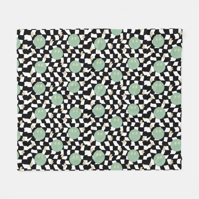 Retro Checkered and Lightening Bolts Fleece Blanket (Front (Horizontal))