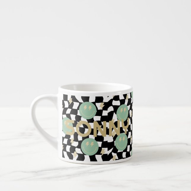 Retro Checkered and Lightening Bolts Name Kid Mug (Left)