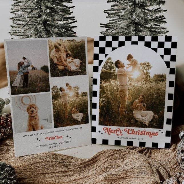 Retro Checkered Arch Family Photo Holiday Card (Retro Arch Family Photo Christmas Card)