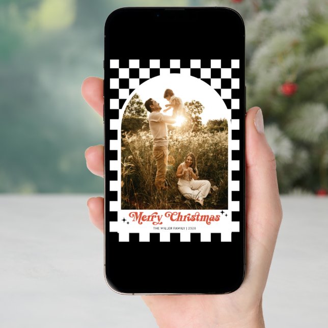 Retro Checkered Arch Family Photo Holiday Card (Front Digital)