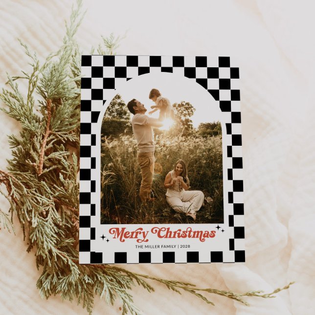 Retro Checkered Arch Family Photo Holiday Postcard (Groovy Checkered Family Christmas Postcard)