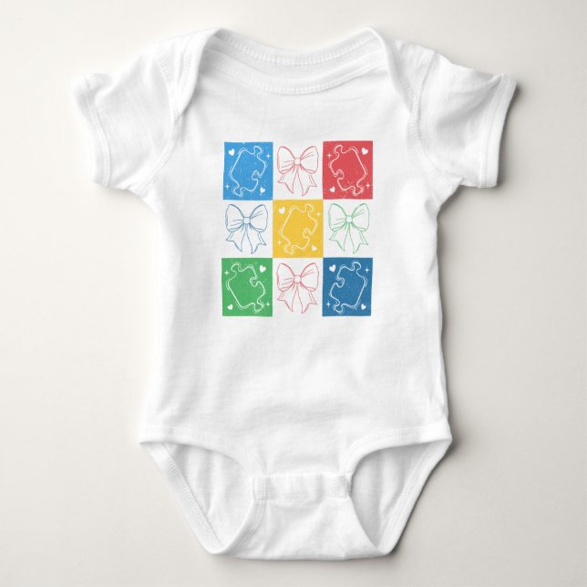 Retro Checkered Autism Awareness Coquette Bow Baby Bodysuit (Front)
