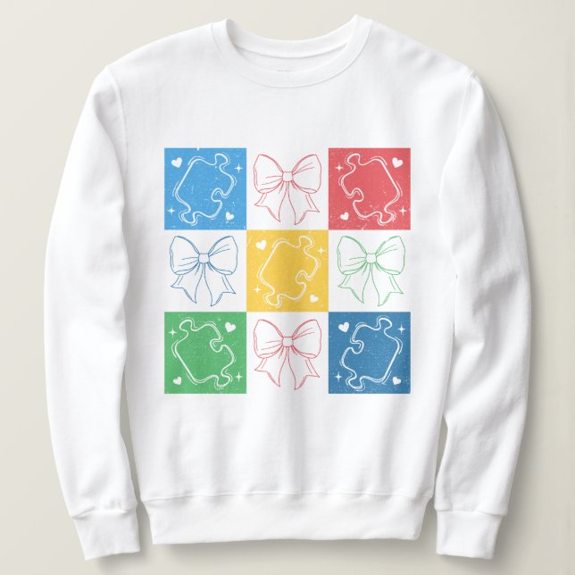 Retro Checkered Autism Awareness Coquette Bow Sweatshirt (Design Front)