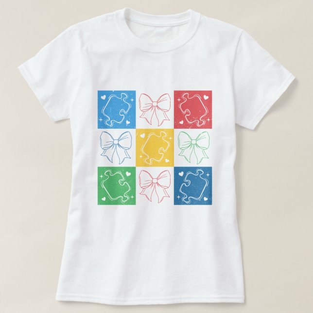 Retro Checkered Autism Awareness Coquette Bow T-Shirt (Design Front)