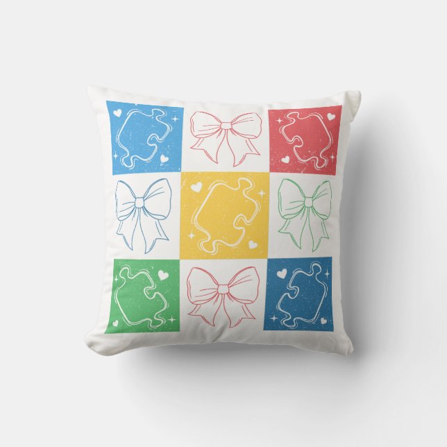 Retro Checkered Autism Awareness Coquette Bow Throw Pillow (Front)