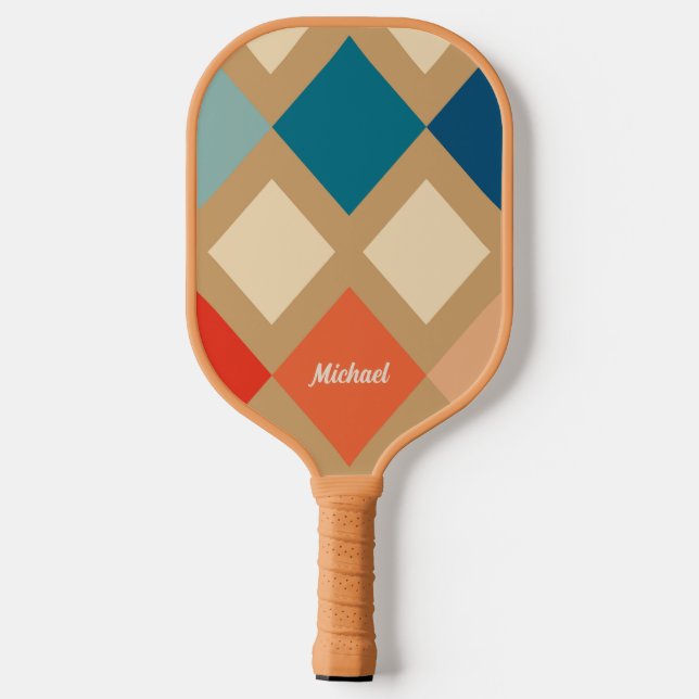 Retro Checkered Beige Blue Orange Monogram   Pickleball Paddle (Back)