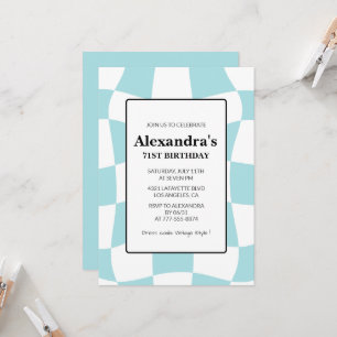 Retro Checkered Blue 71st birthday invitations 