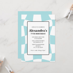 Retro Checkered Blue 77th birthday invitations