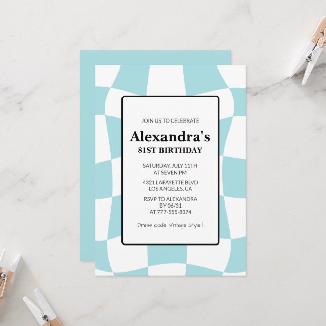 Retro Checkered Blue 81st birthday invitations  (Front/Back In Situ)