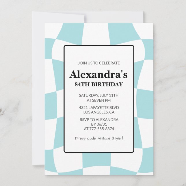 Retro Checkered Blue 84th birthday Invitation (Front)