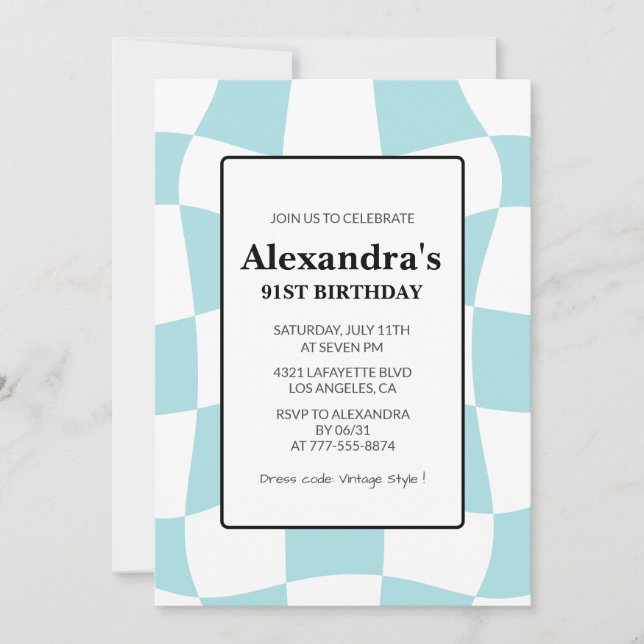 Retro Checkered Blue 91st birthday Invitation (Front)