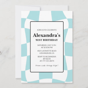 Retro Checkered Blue 91st birthday Invitation