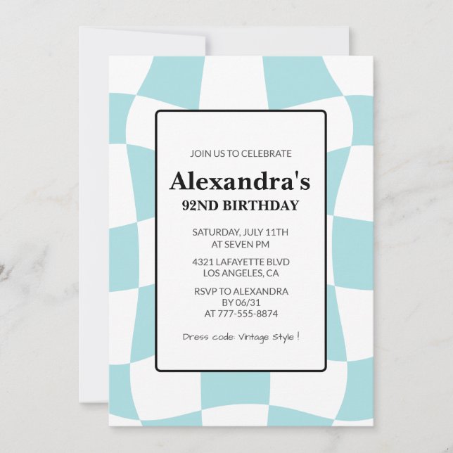 Retro Checkered Blue 92nd birthday Invitation (Front)