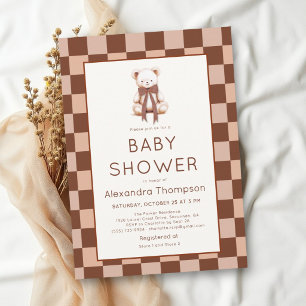 Retro Checkered Brown Teddy Bear Baby Shower Invitation