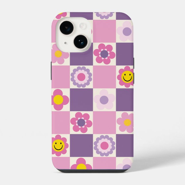 Retro Checkered Checker Y2K Floral Pattern Iphone Case (Back)
