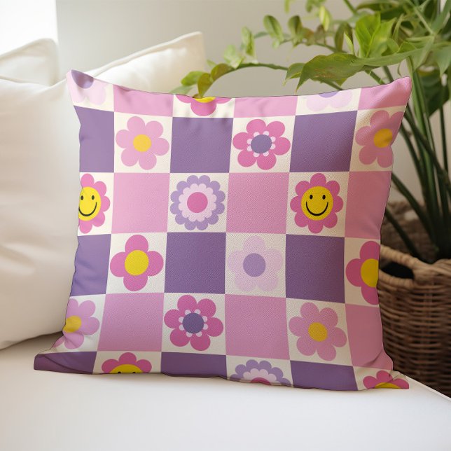 Retro Checkered Checker Y2K Floral Pattern Throw Pillow (Creator Uploaded)