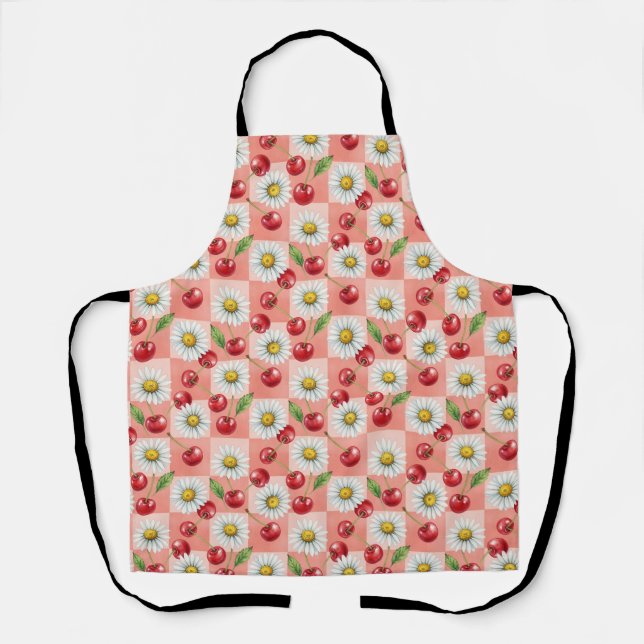Retro Checkered Cherries and Daisys Apron (Front)