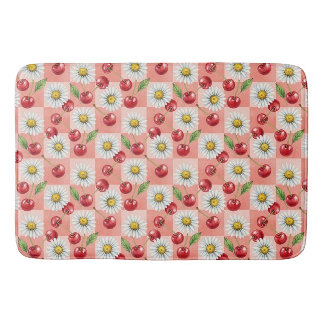 Retro Checkered Cherries and Daisys Bath Mat (Front)