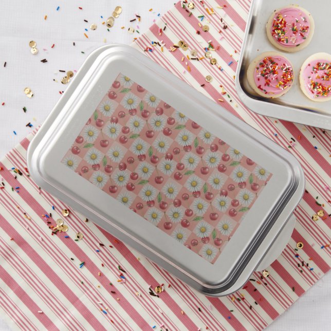 Retro Checkered Cherries and Daisys Cake Pan (In Situ)