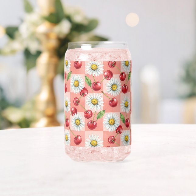 Retro Checkered Cherries and Daisys Can Glass (Insitu (Wedding))