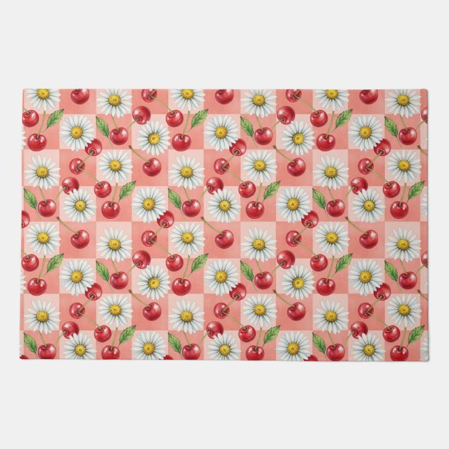 Retro Checkered Cherries and Daisys Doormat (Front)