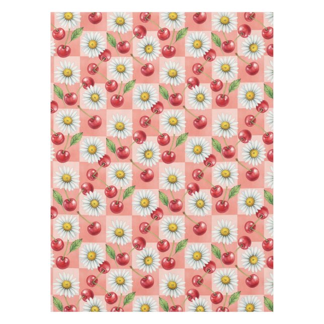 Retro Checkered Cherries and Daisys Tablecloth (Front)