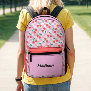Retro Checkered Cherries Pink & Red Colorblock Printed Backpack