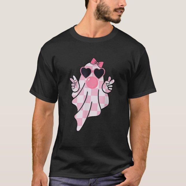 Retro Checkered Cute Pink Ghost Blowing Bubble Gum T-Shirt (Front)