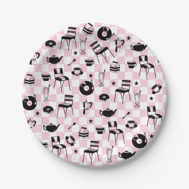 Retro Checkered Diner Pattern Paper Plates (Front)