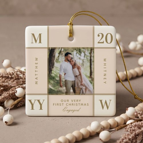 Retro Checkered First Christmas Engaged Photo Ceramic Ornament