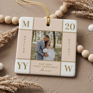 Retro Checkered First Christmas Married Photo Ceramic Ornament