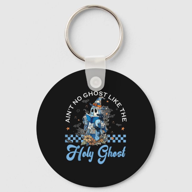Retro Checkered Floral Denim Ghost Black Cat Witch Keychain (Front)
