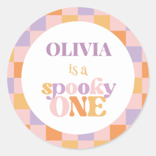 Retro Checkered Halloween First Birthday Classic Round Sticker
