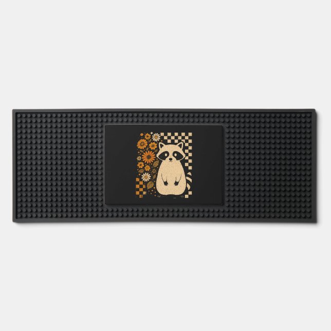 Retro Checkered Halloween Raccoon Bar Mat (Front)