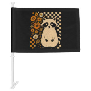 Retro Checkered Halloween Raccoon Car Flag