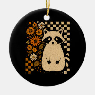 Retro Checkered Halloween Raccoon Ceramic Ornament