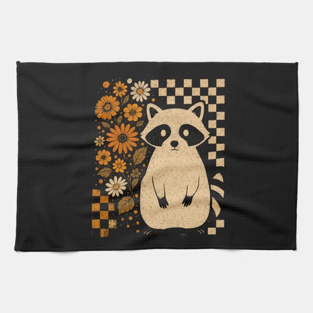 Retro Checkered Halloween Raccoon Kitchen Towel (Horizontal)
