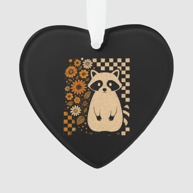 Retro Checkered Halloween Raccoon Ornament (Front)