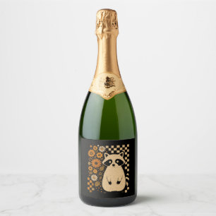 Retro Checkered Halloween Raccoon Sparkling Wine Label