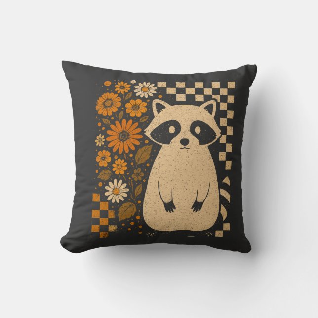 Retro Checkered Halloween Raccoon Throw Pillow (Front)