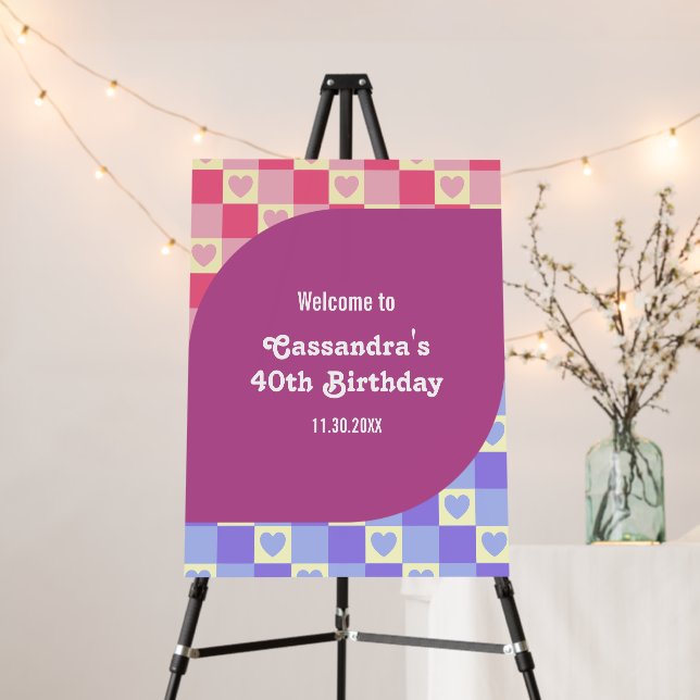 Retro Checkered Heart Bauhaus Purple Blue Birthday Foam Board (In Situ (Stand))