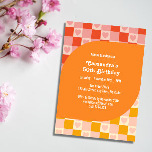 Retro Checkered Heart Bauhaus Red Orange Birthday Invitation