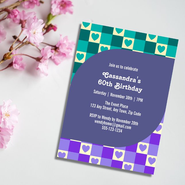 Retro Checkered Heart Bauhaus Teal Blue Birthday Invitation (Creator Uploaded)